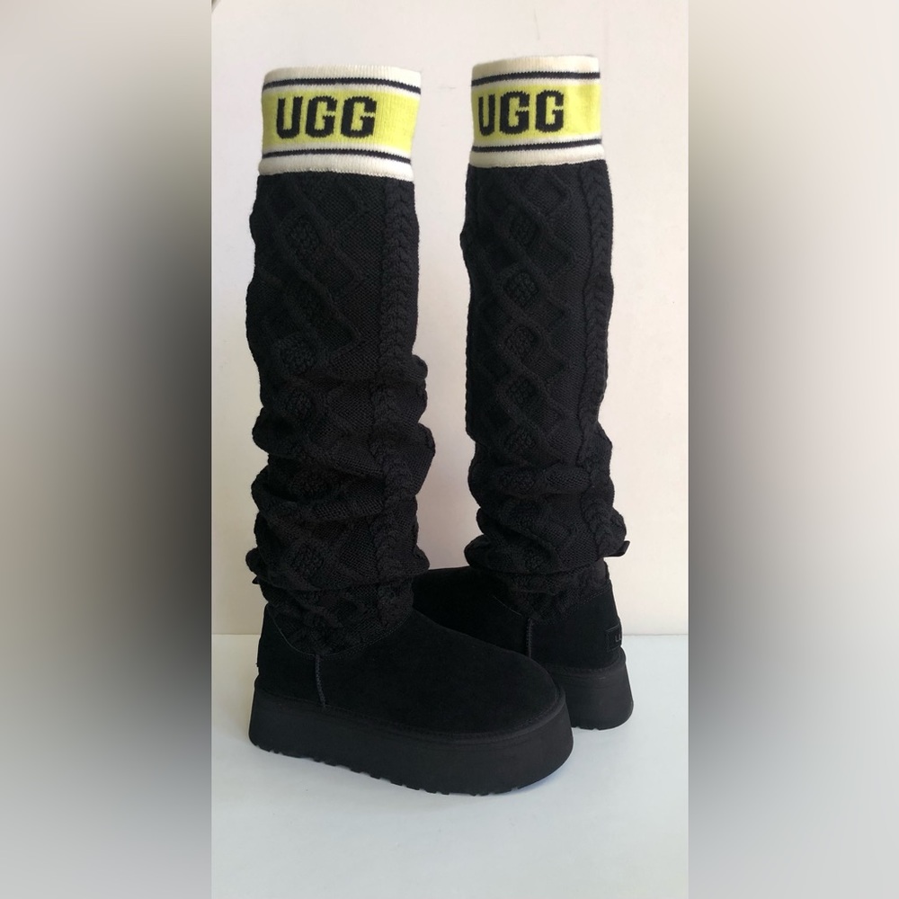UGG CLASSIC SWEATER LETTER TALL BLACK PLATFORM BOOTS sz US 7 / EU 38 / UK 5 - Picture 1 of 7